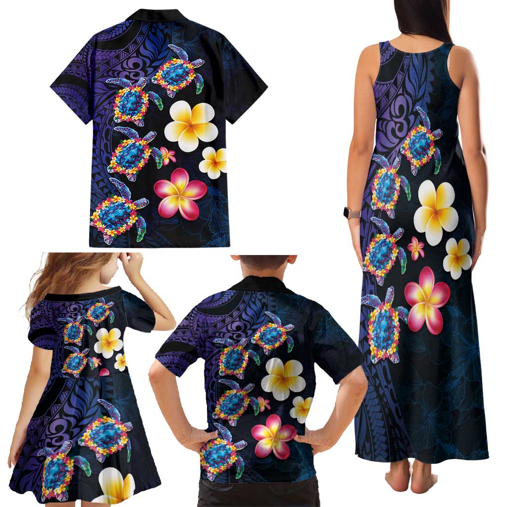 Hawaiian Turtles and Plumeria Family Matching Tank Maxi Dress and Hawaiian Shirt Polynesian Art Tribal Tattoo Dark Aqua Color LT03 - Polynesian Pride