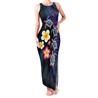 Hawaiian Turtles and Plumeria Family Matching Tank Maxi Dress and Hawaiian Shirt Polynesian Art Tribal Tattoo Dark Aqua Color LT03 Mom's Dress Blue - Polynesian Pride