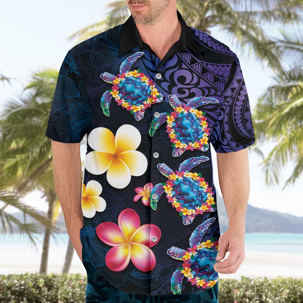Hawaiian Turtles and Plumeria Hawaiian Shirt Polynesian Art Tribal Tattoo Dark Aqua Color LT03 - Polynesian Pride