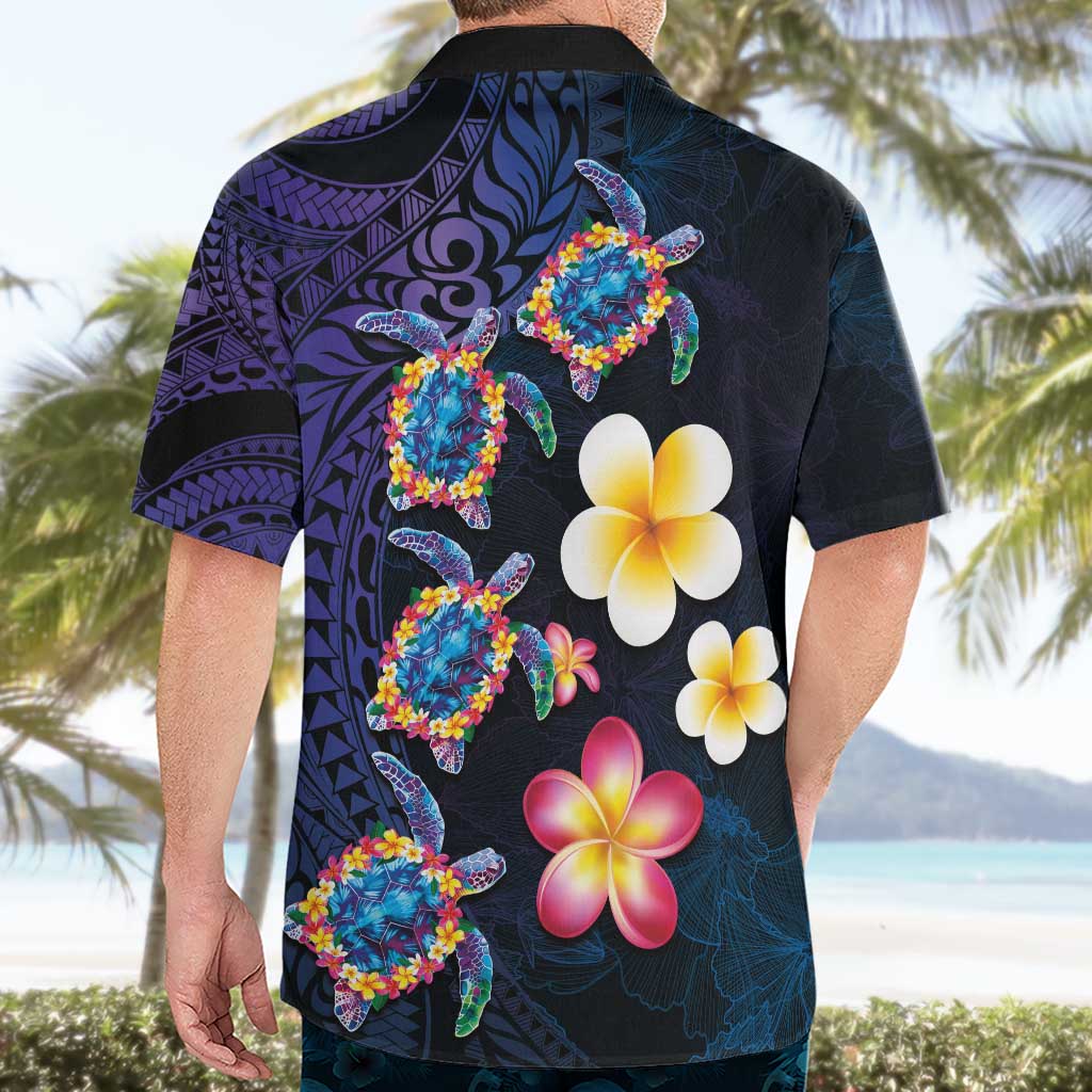 Hawaiian Turtles and Plumeria Hawaiian Shirt Polynesian Art Tribal Tattoo Dark Aqua Color LT03 - Polynesian Pride