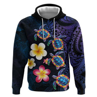 Hawaiian Turtles and Plumeria Hoodie Polynesian Art Tribal Tattoo Dark Aqua Color LT03 Pullover Hoodie Blue - Polynesian Pride