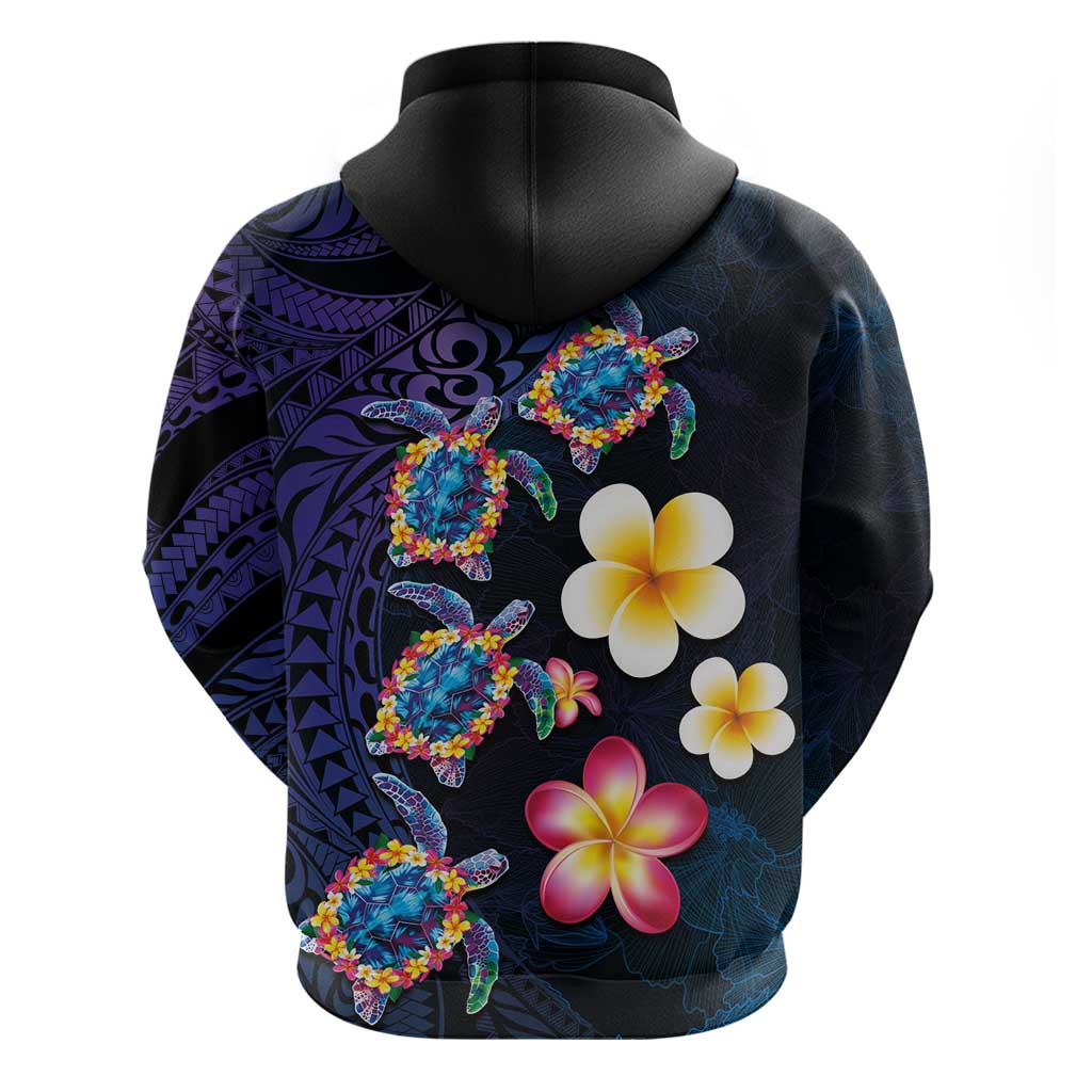 Hawaiian Turtles and Plumeria Hoodie Polynesian Art Tribal Tattoo Dark Aqua Color LT03 - Polynesian Pride
