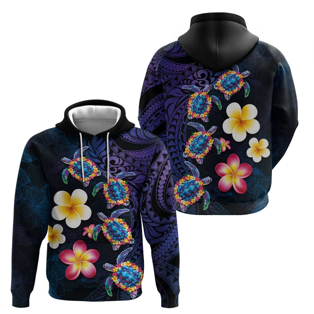 Hawaiian Turtles and Plumeria Hoodie Polynesian Art Tribal Tattoo Dark Aqua Color LT03 - Polynesian Pride