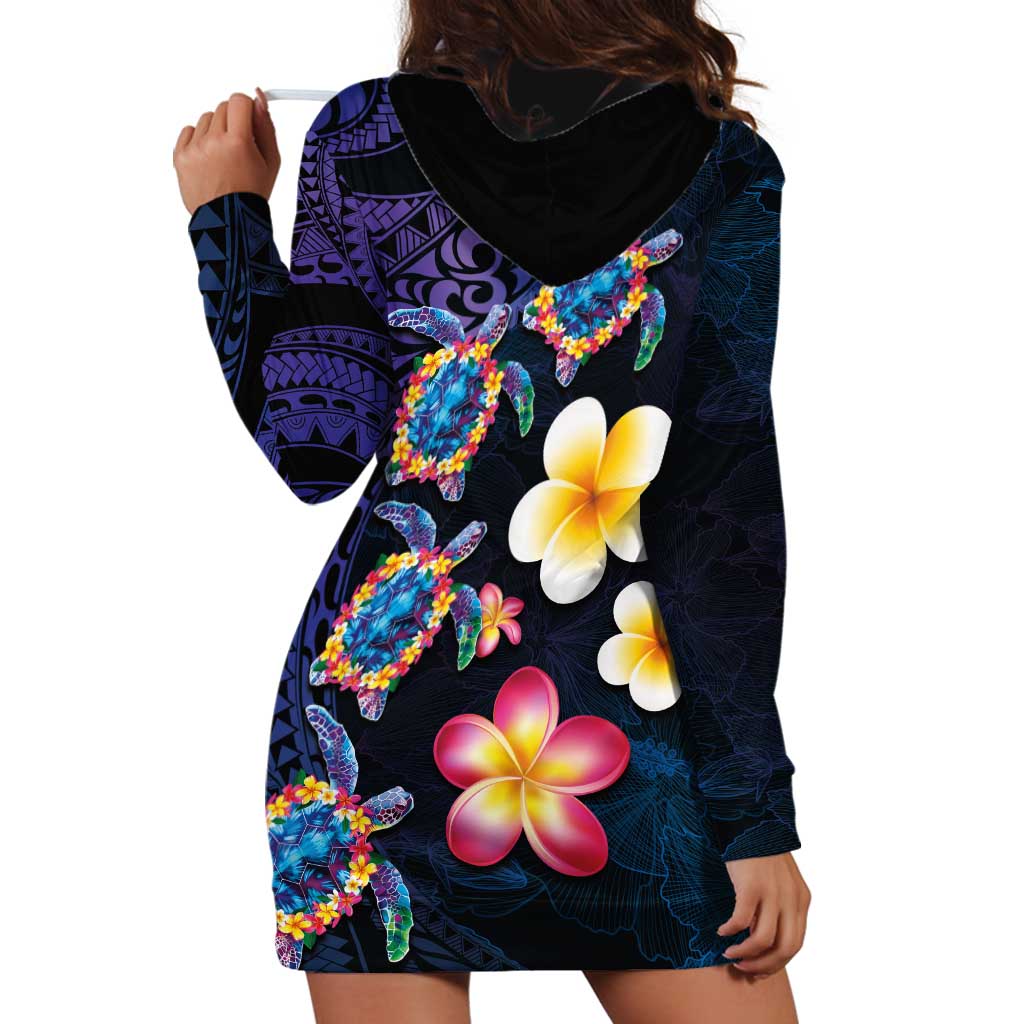 Hawaiian Turtles and Plumeria Hoodie Dress Polynesian Art Tribal Tattoo Dark Aqua Color LT03 - Polynesian Pride