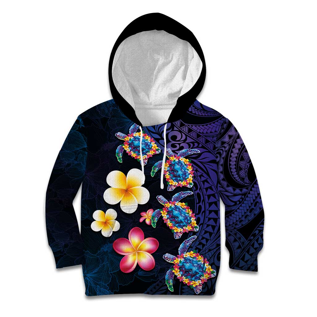 Hawaiian Turtles and Plumeria Kid Hoodie Polynesian Art Tribal Tattoo Dark Aqua Color LT03 Hoodie Blue - Polynesian Pride