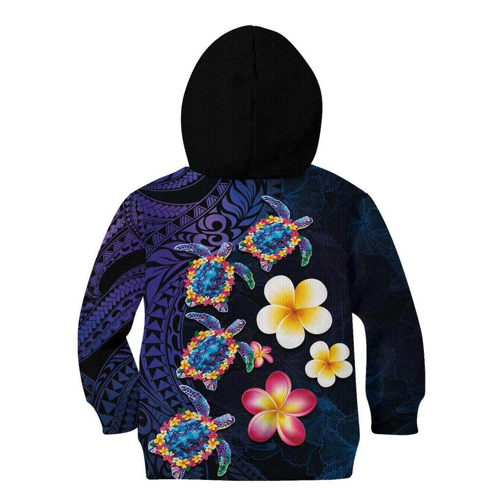 Hawaiian Turtles and Plumeria Kid Hoodie Polynesian Art Tribal Tattoo Dark Aqua Color LT03 - Polynesian Pride