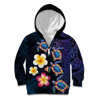 Hawaiian Turtles and Plumeria Kid Hoodie Polynesian Art Tribal Tattoo Dark Aqua Color LT03 Zip Hoodie Blue - Polynesian Pride