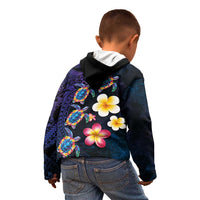 Hawaiian Turtles and Plumeria Kid Hoodie Polynesian Art Tribal Tattoo Dark Aqua Color LT03 - Polynesian Pride