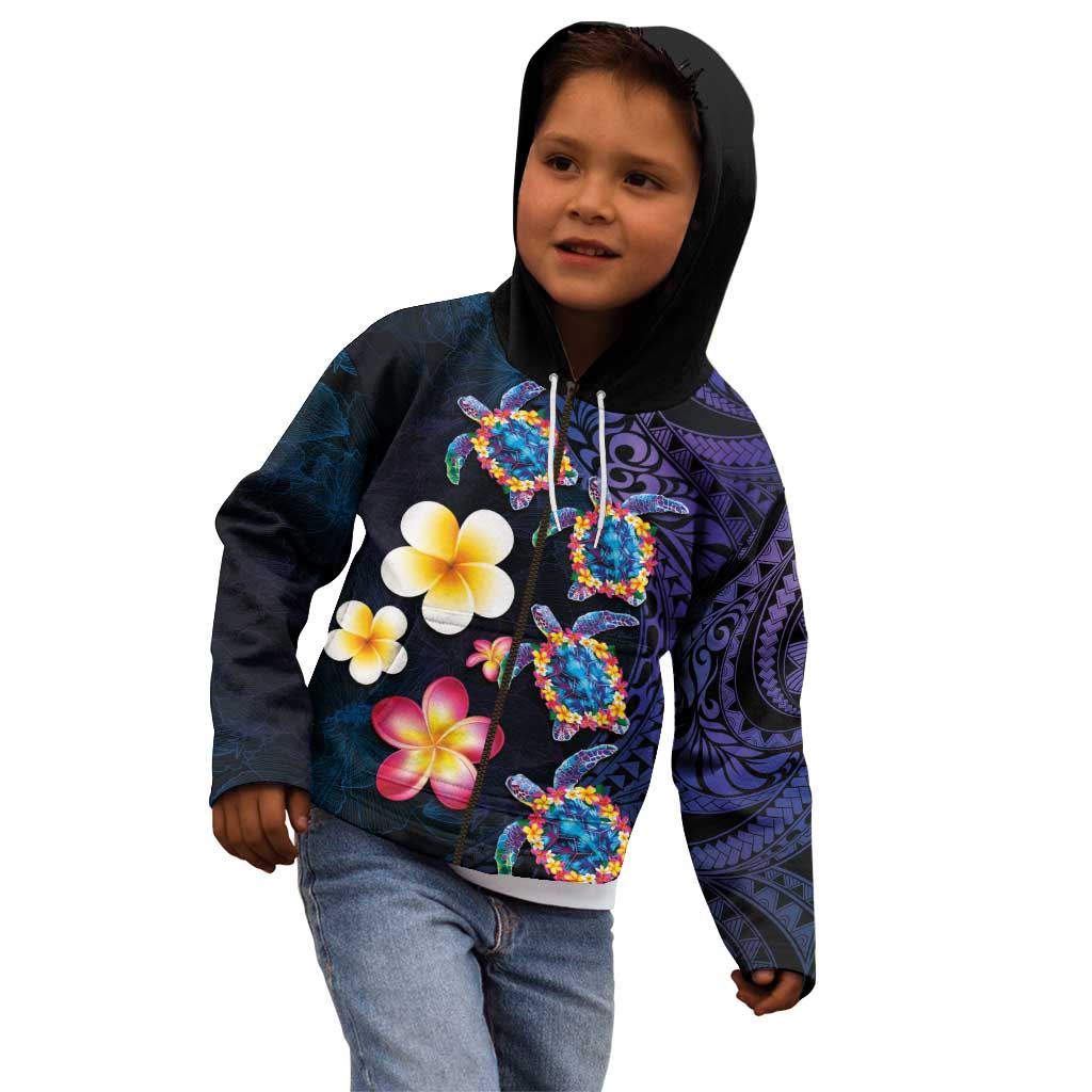 Hawaiian Turtles and Plumeria Kid Hoodie Polynesian Art Tribal Tattoo Dark Aqua Color LT03 - Polynesian Pride