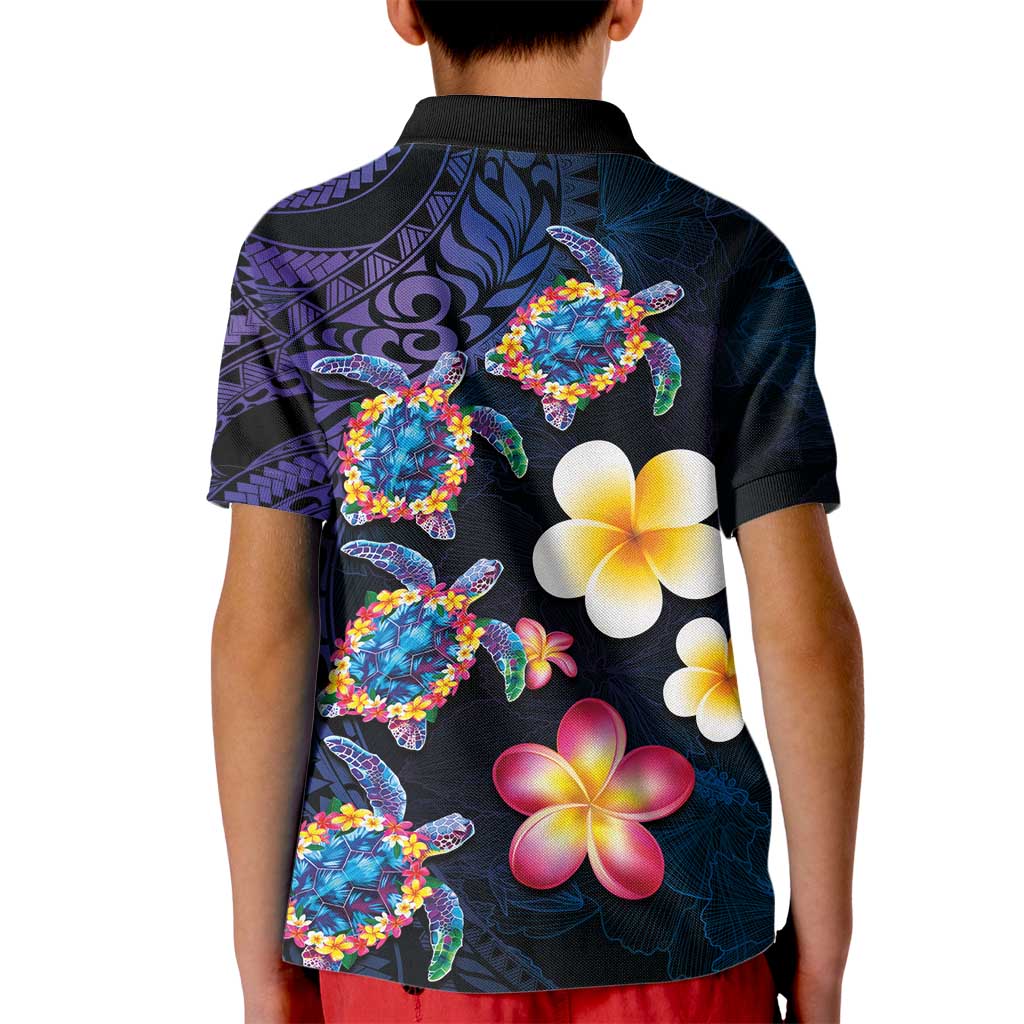 Hawaiian Turtles and Plumeria Kid Polo Shirt Polynesian Art Tribal Tattoo Dark Aqua Color LT03 - Polynesian Pride
