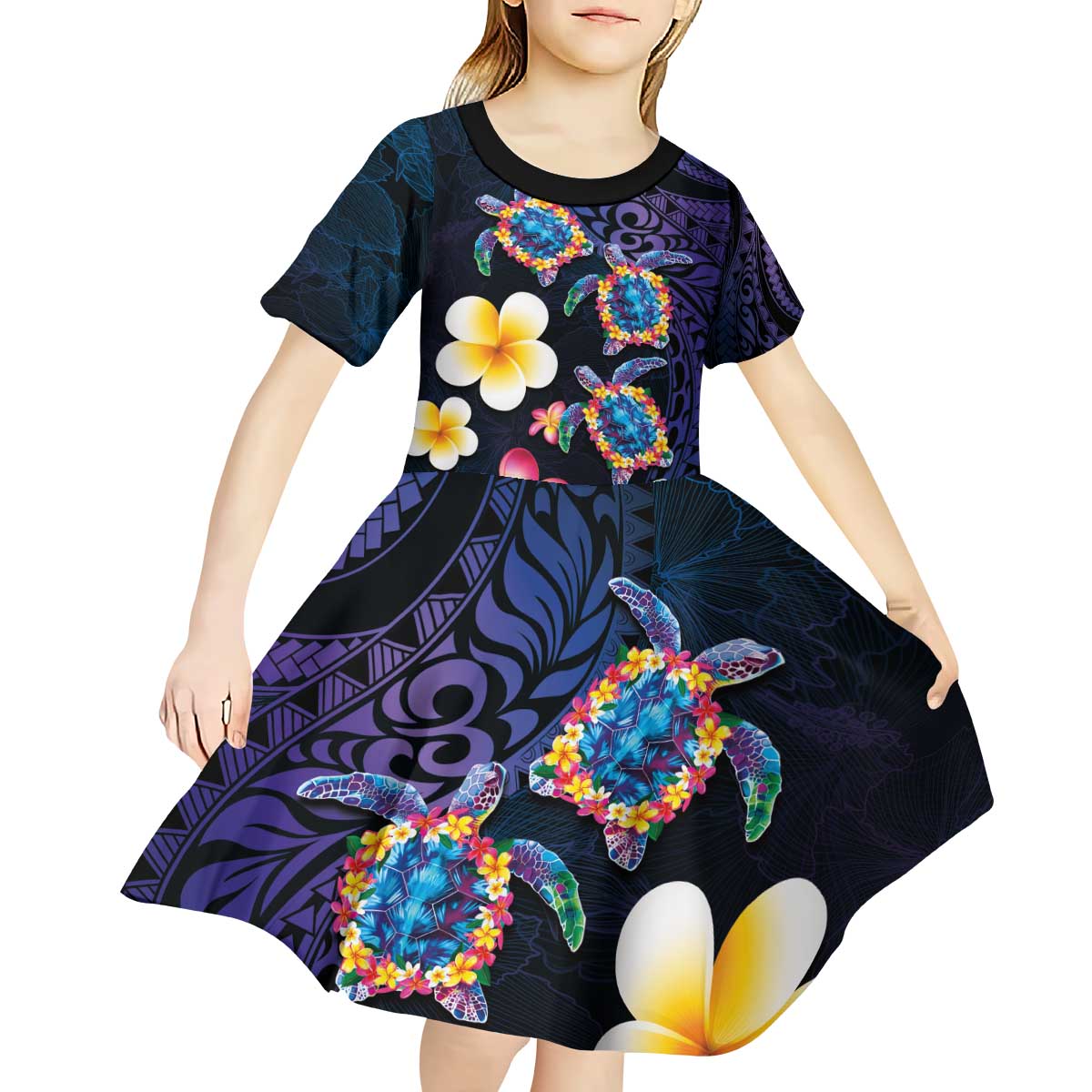 Hawaiian Turtles and Plumeria Kid Short Sleeve Dress Polynesian Art Tribal Tattoo Dark Aqua Color LT03 - Polynesian Pride