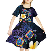 Hawaiian Turtles and Plumeria Kid Short Sleeve Dress Polynesian Art Tribal Tattoo Dark Aqua Color LT03 - Polynesian Pride