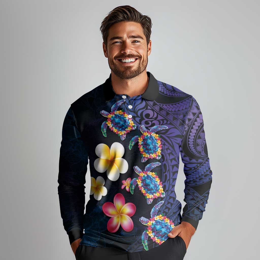 Hawaiian Turtles and Plumeria Long Sleeve Polo Shirt Polynesian Art Tribal Tattoo Dark Aqua Color LT03 - Polynesian Pride