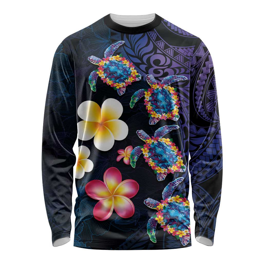 Hawaiian Turtles and Plumeria Long Sleeve Shirt Polynesian Art Tribal Tattoo Dark Aqua Color LT03 Unisex Blue - Polynesian Pride