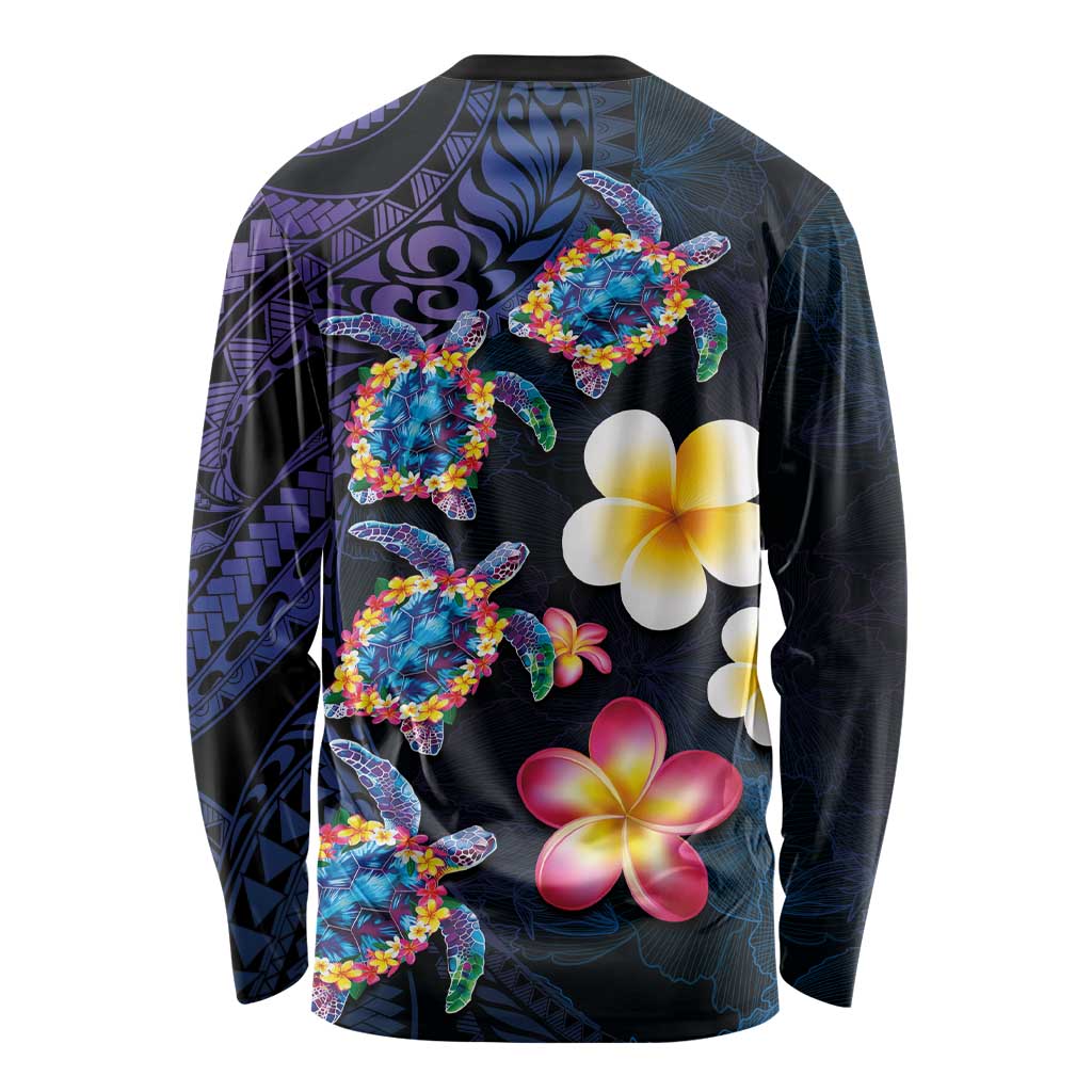 Hawaiian Turtles and Plumeria Long Sleeve Shirt Polynesian Art Tribal Tattoo Dark Aqua Color LT03 - Polynesian Pride