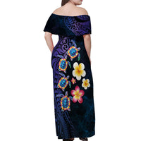 Hawaiian Turtles and Plumeria Off Shoulder Maxi Dress Polynesian Art Tribal Tattoo Dark Aqua Color LT03 - Polynesian Pride