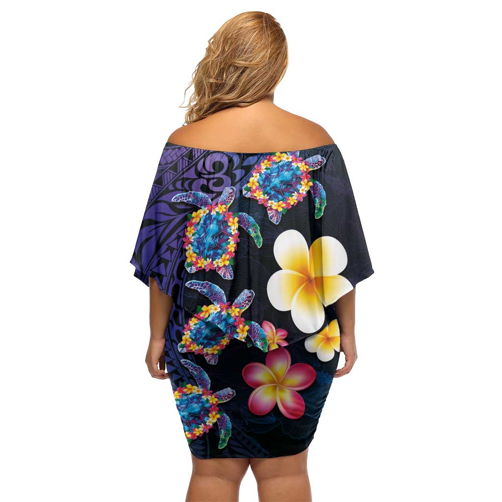 Hawaiian Turtles and Plumeria Off Shoulder Short Dress Polynesian Art Tribal Tattoo Dark Aqua Color LT03 - Polynesian Pride
