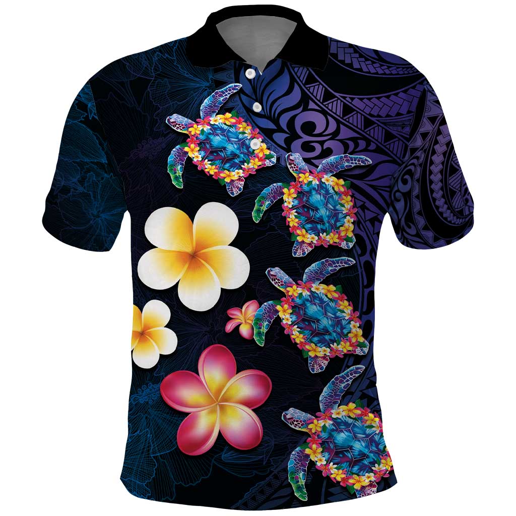 Hawaiian Turtles and Plumeria Polo Shirt Polynesian Art Tribal Tattoo Dark Aqua Color LT03 Blue - Polynesian Pride