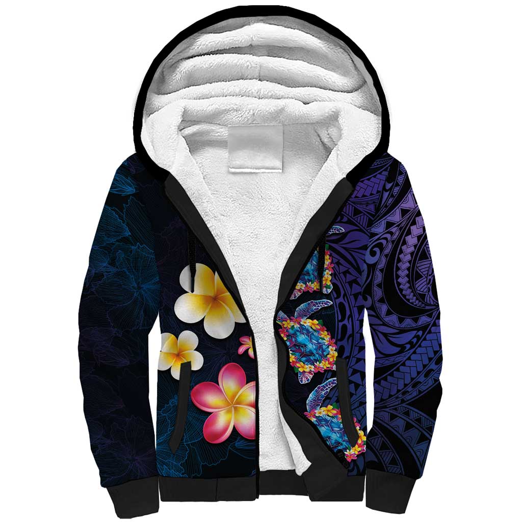 Hawaiian Turtles and Plumeria Sherpa Hoodie Polynesian Art Tribal Tattoo Dark Aqua Color LT03 Unisex Blue - Polynesian Pride