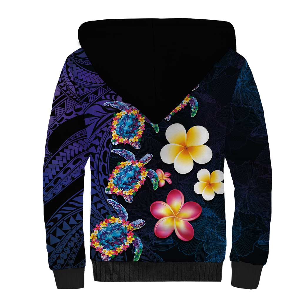 Hawaiian Turtles and Plumeria Sherpa Hoodie Polynesian Art Tribal Tattoo Dark Aqua Color LT03 - Polynesian Pride