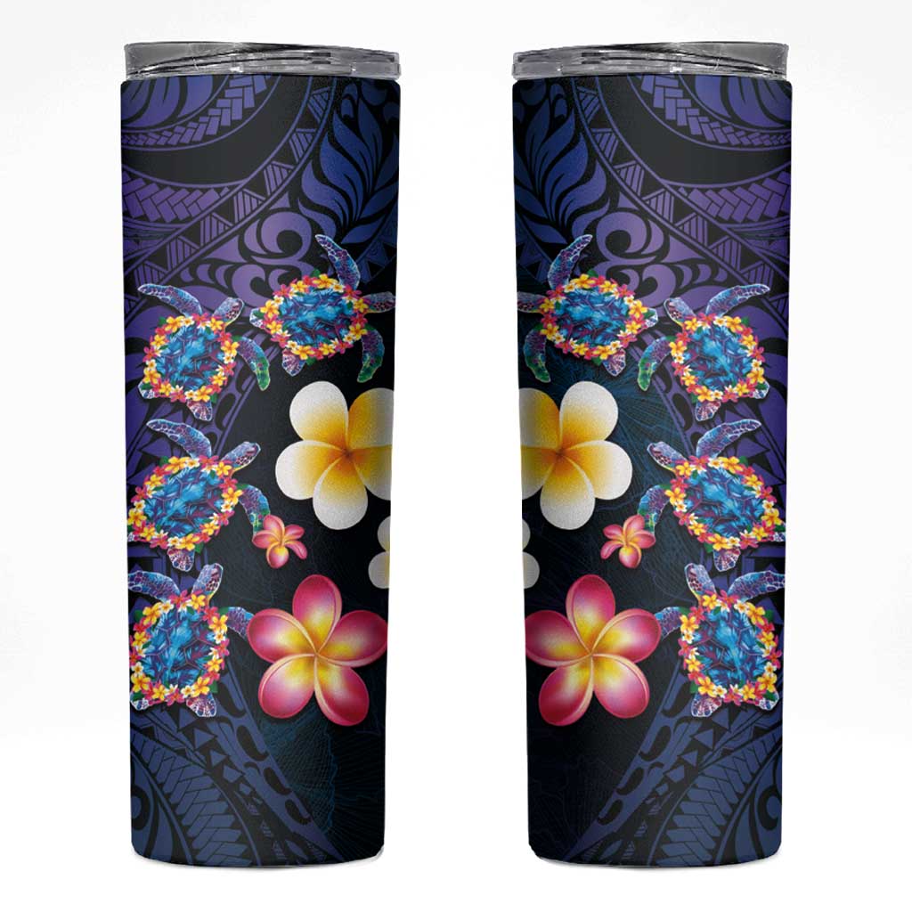 Hawaiian Turtles and Plumeria Skinny Tumbler Polynesian Art Tribal Tattoo Dark Aqua Color LT03 Blue - Polynesian Pride