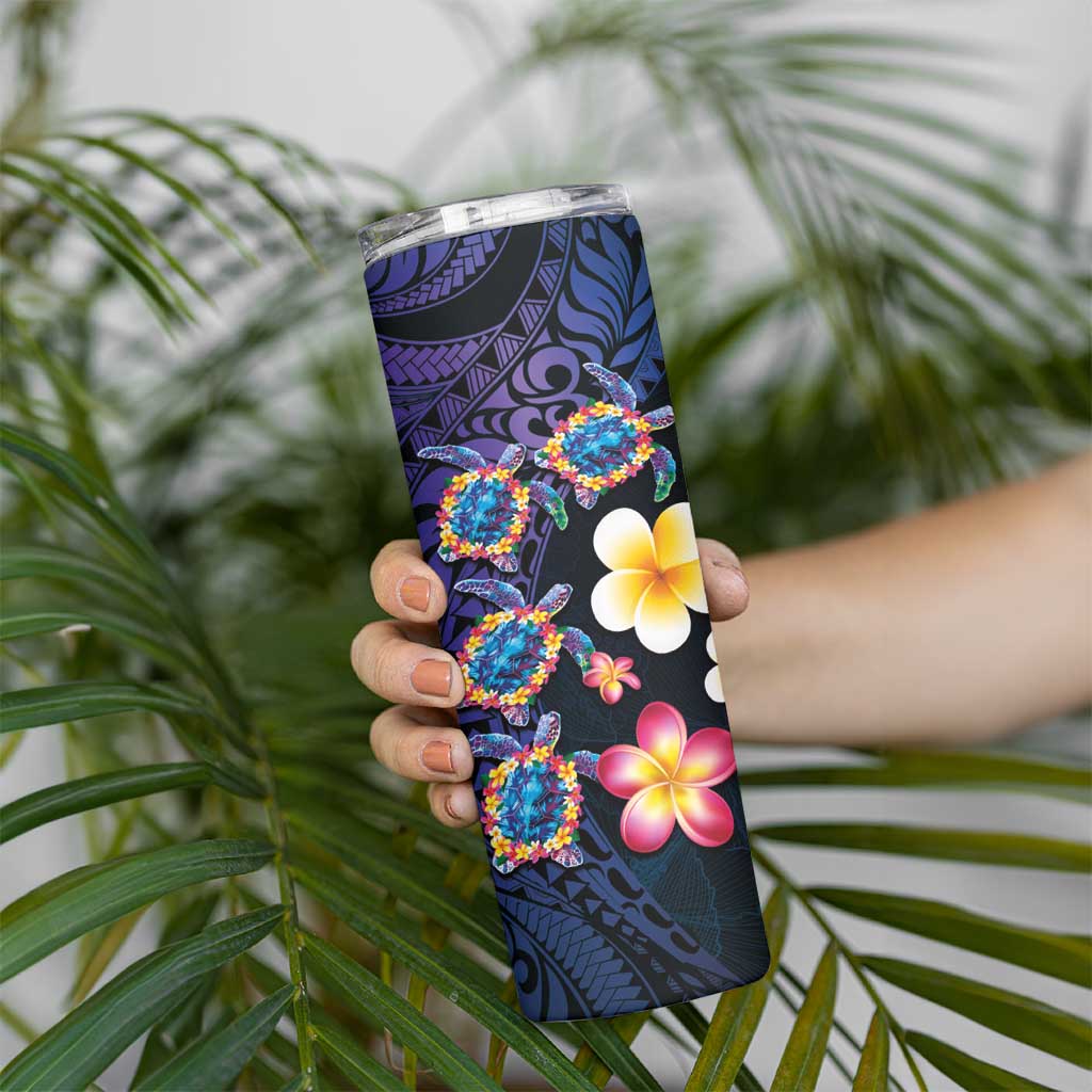 Hawaiian Turtles and Plumeria Skinny Tumbler Polynesian Art Tribal Tattoo Dark Aqua Color LT03 - Polynesian Pride
