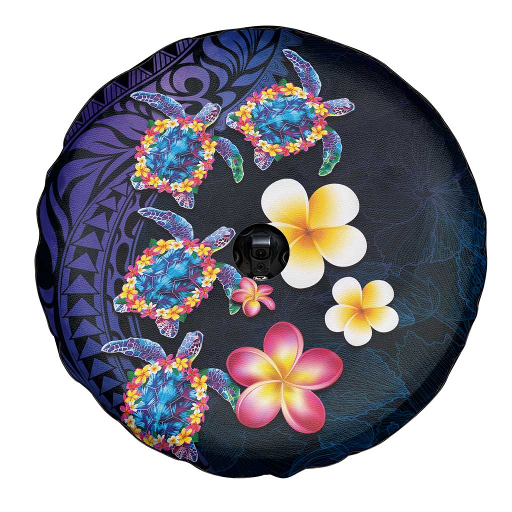 Hawaiian Turtles and Plumeria Spare Tire Cover Polynesian Art Tribal Tattoo Dark Aqua Color LT03 - Polynesian Pride