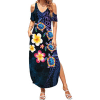 Hawaiian Turtles and Plumeria Summer Maxi Dress Polynesian Art Tribal Tattoo Dark Aqua Color LT03 Women Blue - Polynesian Pride