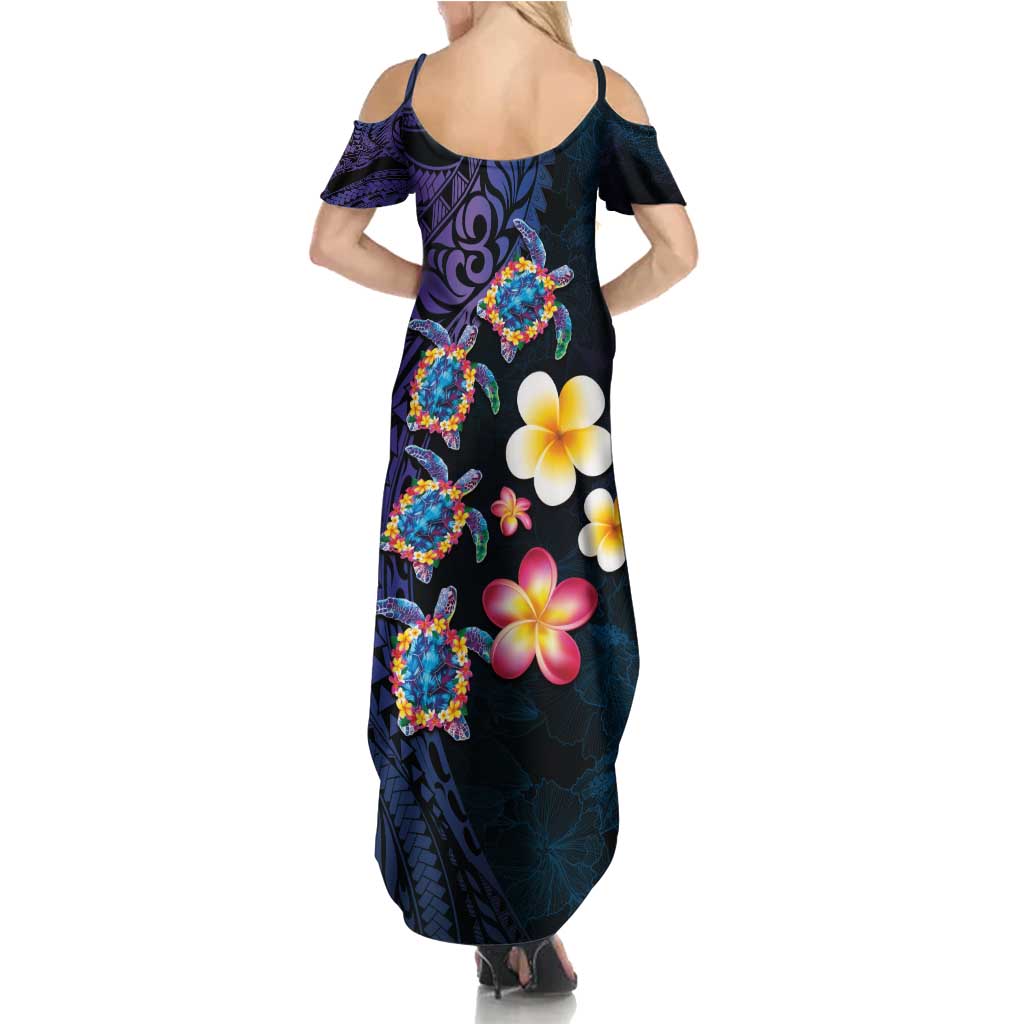 Hawaiian Turtles and Plumeria Summer Maxi Dress Polynesian Art Tribal Tattoo Dark Aqua Color LT03 - Polynesian Pride