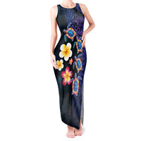 Hawaiian Turtles and Plumeria Tank Maxi Dress Polynesian Art Tribal Tattoo Dark Aqua Color LT03 Women Blue - Polynesian Pride