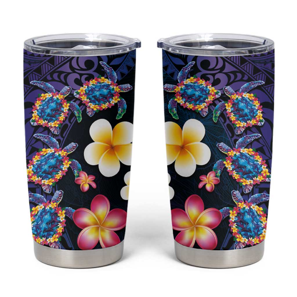 Hawaiian Turtles and Plumeria Tumbler Cup Polynesian Art Tribal Tattoo Dark Aqua Color LT03 Blue - Polynesian Pride