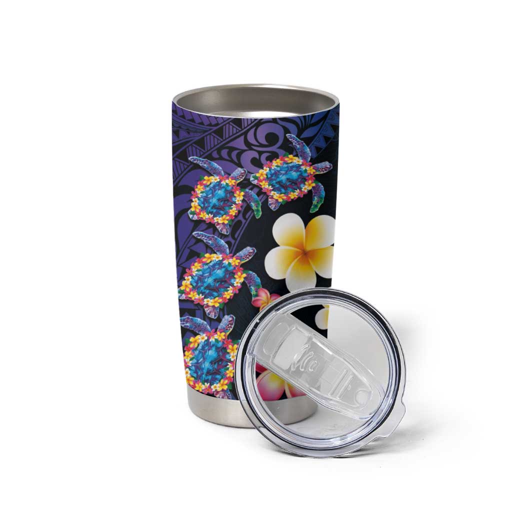 Hawaiian Turtles and Plumeria Tumbler Cup Polynesian Art Tribal Tattoo Dark Aqua Color LT03 - Polynesian Pride