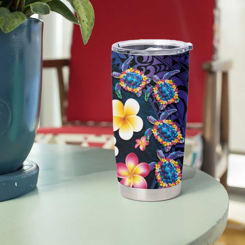 Hawaiian Turtles and Plumeria Tumbler Cup Polynesian Art Tribal Tattoo Dark Aqua Color LT03 - Polynesian Pride