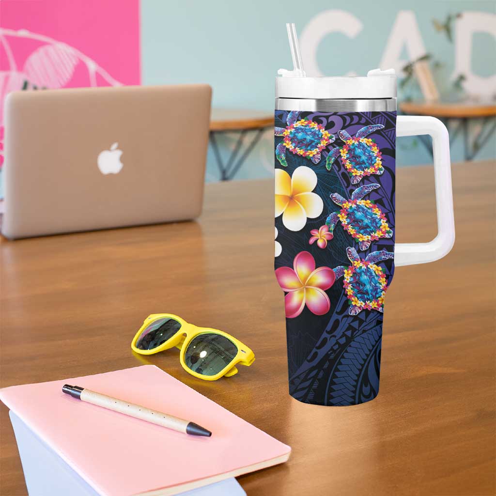 Hawaiian Turtles and Plumeria Tumbler With Handle Polynesian Art Tribal Tattoo Dark Aqua Color