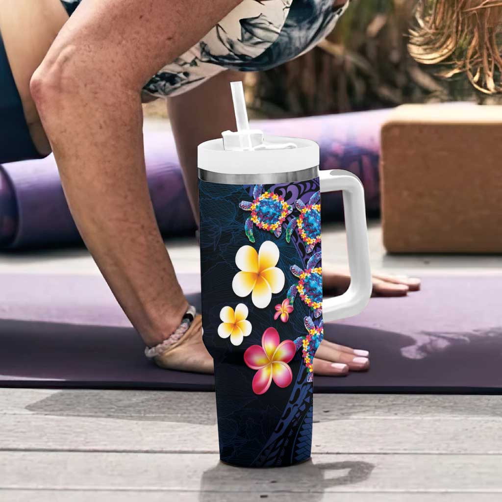 Hawaiian Turtles and Plumeria Tumbler With Handle Polynesian Art Tribal Tattoo Dark Aqua Color
