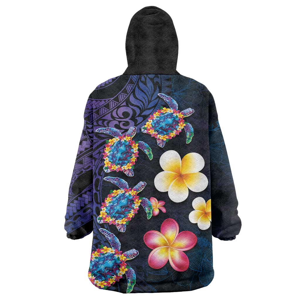 Hawaiian Turtles and Plumeria Wearable Blanket Hoodie Polynesian Art Tribal Tattoo Dark Aqua Color LT03 - Polynesian Pride