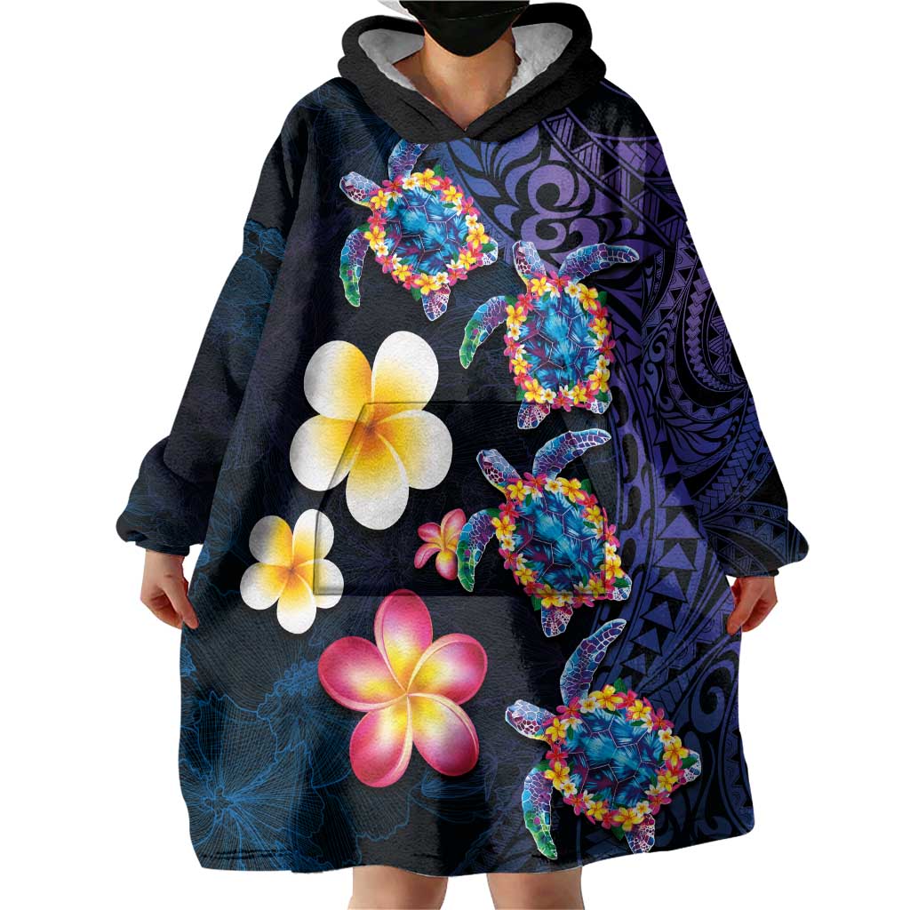 Hawaiian Turtles and Plumeria Wearable Blanket Hoodie Polynesian Art Tribal Tattoo Dark Aqua Color LT03 - Polynesian Pride