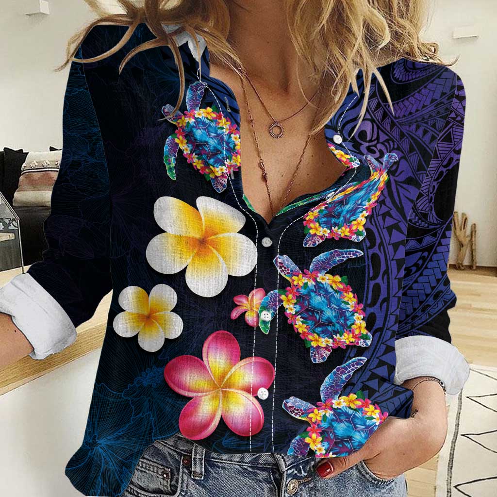 Hawaiian Turtles and Plumeria Women Casual Shirt Polynesian Art Tribal Tattoo Dark Aqua Color LT03 Female Blue - Polynesian Pride