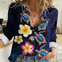 Hawaiian Turtles and Plumeria Women Casual Shirt Polynesian Art Tribal Tattoo Dark Aqua Color LT03 Female Blue - Polynesian Pride