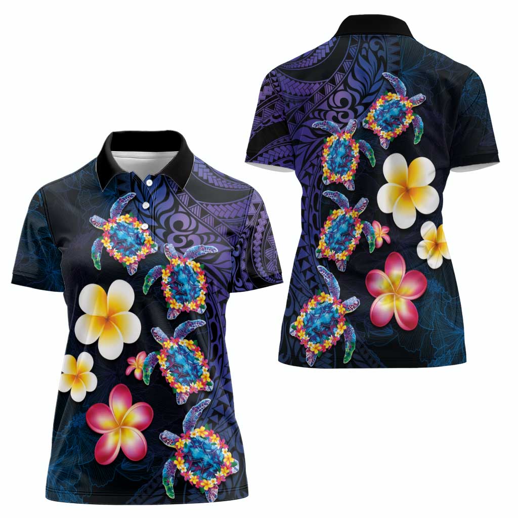 Hawaiian Turtles and Plumeria Women Polo Shirt Polynesian Art Tribal Tattoo Dark Aqua Color LT03 - Polynesian Pride