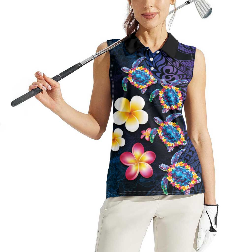 Hawaiian Turtles and Plumeria Women Sleeveless Polo Shirt Polynesian Art Tribal Tattoo Dark Aqua Color LT03 - Polynesian Pride