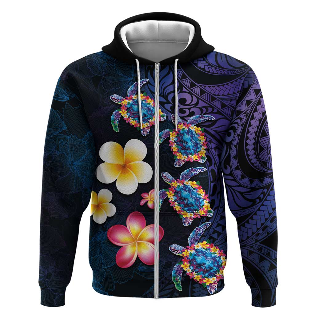Hawaiian Turtles and Plumeria Zip Hoodie Polynesian Art Tribal Tattoo Dark Aqua Color LT03 Zip Hoodie Blue - Polynesian Pride