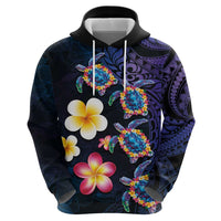 Hawaiian Turtles and Plumeria Zip Hoodie Polynesian Art Tribal Tattoo Dark Aqua Color LT03 - Polynesian Pride