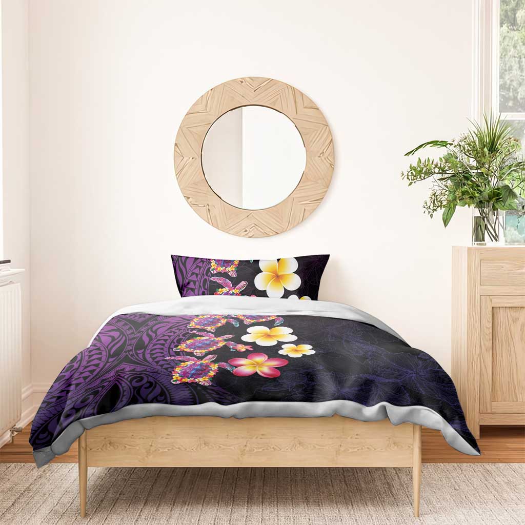 Hawaiian Turtles and Plumeria Bedding Set Polynesian Art Tribal Tattoo Deep Violet Color
