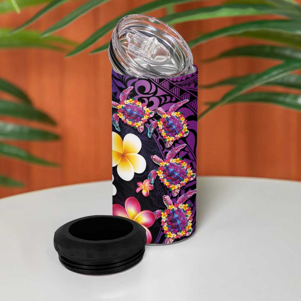 Hawaiian Turtles and Plumeria 4 in 1 Can Cooler Tumbler Polynesian Art Tribal Tattoo Deep Violet Color LT03 - Polynesian Pride