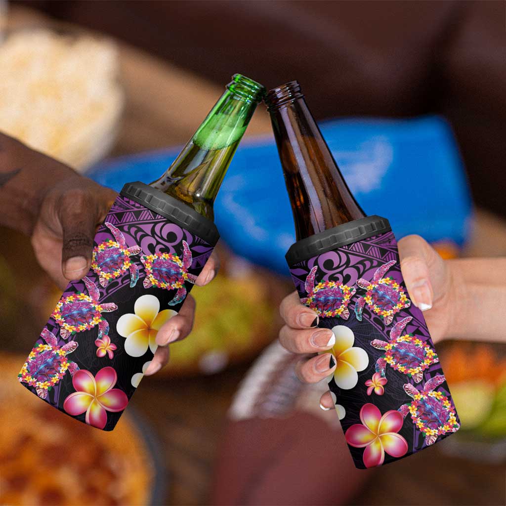 Hawaiian Turtles and Plumeria 4 in 1 Can Cooler Tumbler Polynesian Art Tribal Tattoo Deep Violet Color LT03 - Polynesian Pride