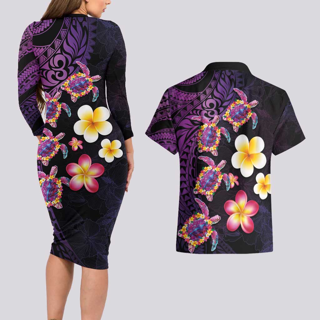 Hawaiian Turtles and Plumeria Couples Matching Long Sleeve Bodycon Dress and Hawaiian Shirt Polynesian Art Tribal Tattoo Deep Violet Color LT03 - Polynesian Pride