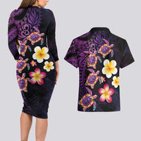 Hawaiian Turtles and Plumeria Couples Matching Long Sleeve Bodycon Dress and Hawaiian Shirt Polynesian Art Tribal Tattoo Deep Violet Color LT03 - Polynesian Pride