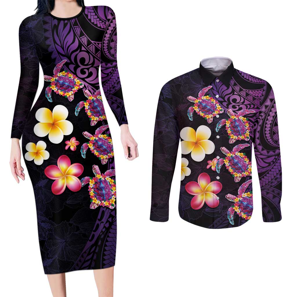 Hawaiian Turtles and Plumeria Couples Matching Long Sleeve Bodycon Dress and Long Sleeve Button Shirt Polynesian Art Tribal Tattoo Deep Violet Color LT03 Purple - Polynesian Pride