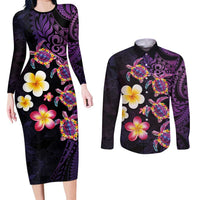 Hawaiian Turtles and Plumeria Couples Matching Long Sleeve Bodycon Dress and Long Sleeve Button Shirt Polynesian Art Tribal Tattoo Deep Violet Color LT03 Purple - Polynesian Pride